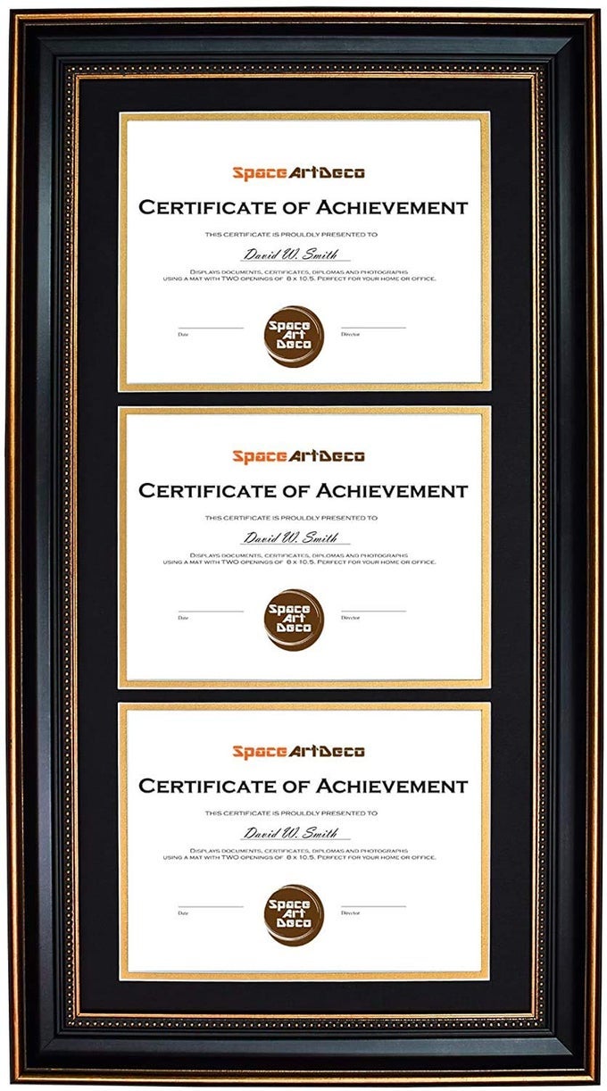 14X29 TRIPLETHREE CERTIFICATES FRAME WITH BLACK OVER GOLD DOUBLE MAT FOR 3 85X11 DIPLOMASDEGREES SAWTOOTH HANGERS REAL GLASS WALL MOUNTING ORNATE GOLDBLACK