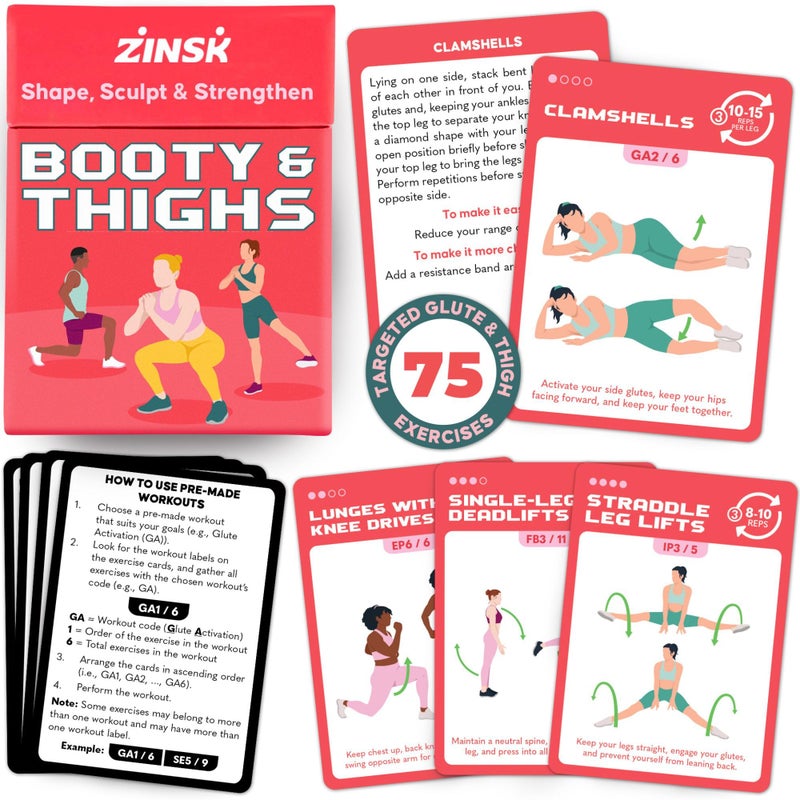 Zinsk 75 Booty & Thighs Exercise Cards - No Equipment Needed Glute Workouts to Shapen and Lift - Compact 3.5" x 2.5" Cards for Fun, Fast Home or Travel Leg and Butt Workouts for Women - Image 1