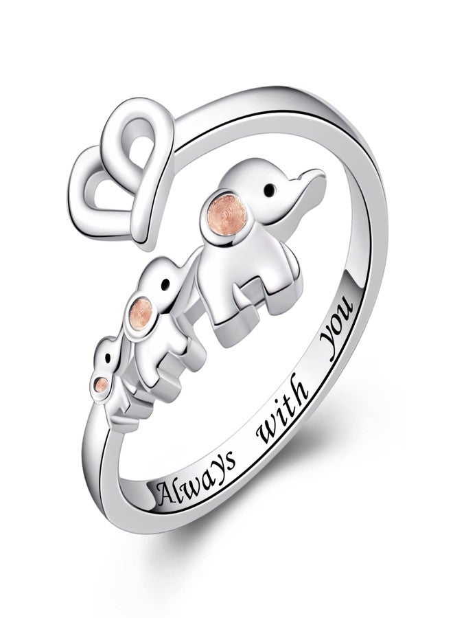 ACJNA 925 Sterling Silver Elephant Ring Mother Daughter Open Love Ring Rose Gold Heart Finger Adjustable Engraved Rings Jewelry for Women Wife Mom Nana Gifts - Image 1