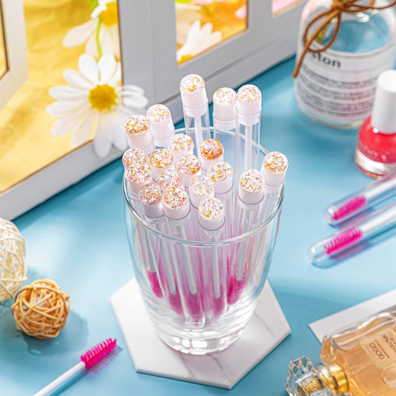 Patelai 80 Pieces Disposable Mascara Brushes Tubes Set, 40 Pieces Empty Mascara Wand Tube with 40 Pieces Eyelash Brush Makeup Tool for Eyelash Extension(Pink Gold Sequins Style) - Image 4