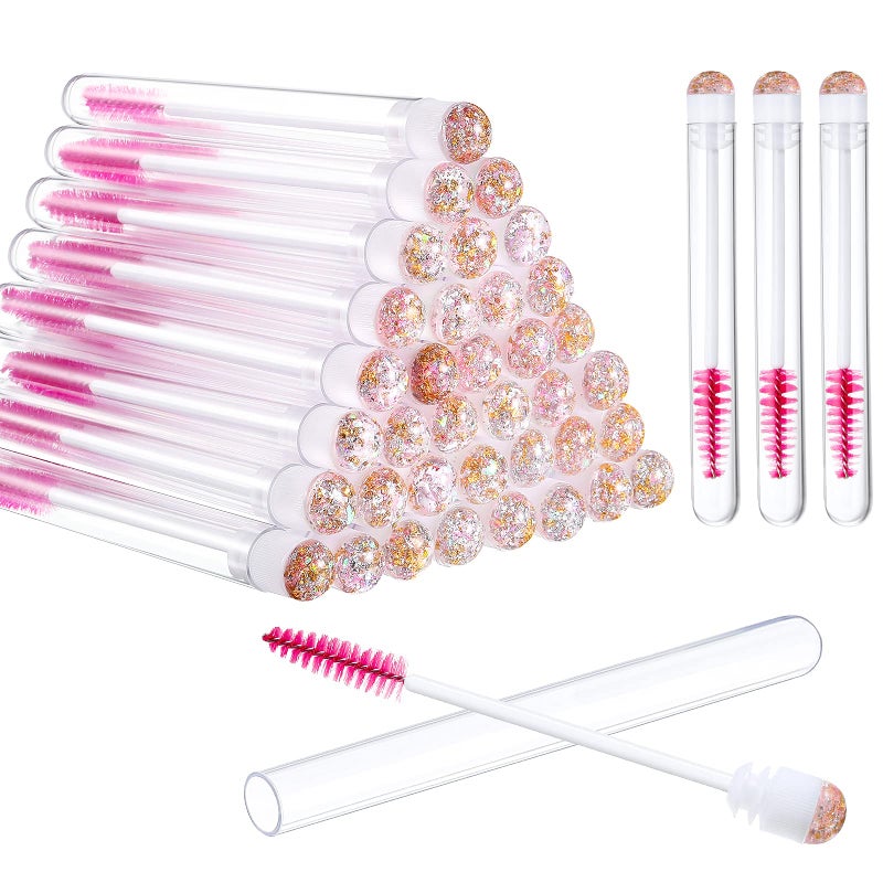 Patelai 80 Pieces Disposable Mascara Brushes Tubes Set, 40 Pieces Empty Mascara Wand Tube with 40 Pieces Eyelash Brush Makeup Tool for Eyelash Extension(Pink Gold Sequins Style) - Image 1