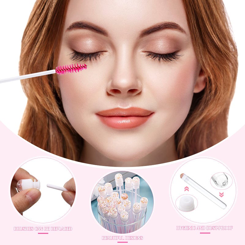 Patelai 80 Pieces Disposable Mascara Brushes Tubes Set, 40 Pieces Empty Mascara Wand Tube with 40 Pieces Eyelash Brush Makeup Tool for Eyelash Extension(Pink Gold Sequins Style) - Image 3