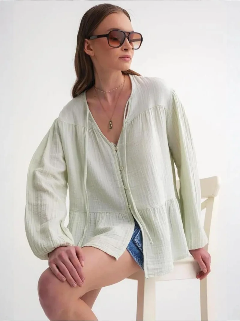 MixRay Mixray Long Sleeve Relaxed Fit Blouse with Tie-Neck
