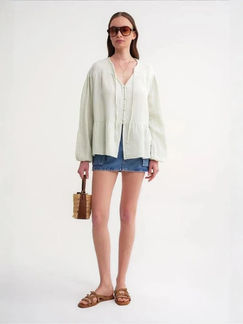 MixRay Mixray Long Sleeve Relaxed Fit Blouse with Tie-Neck