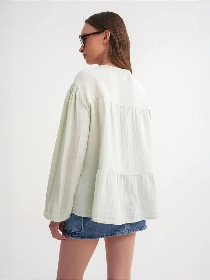 Mixray Pine Green Mixray Long Sleeve Relaxed Fit Blouse with Tie-Neck for Women | Best Price UAE