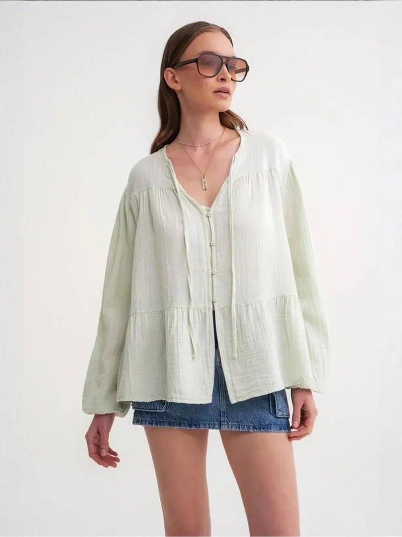 Mixray Pine Green Mixray Long Sleeve Relaxed Fit Blouse with Tie-Neck for Women | Best Price UAE