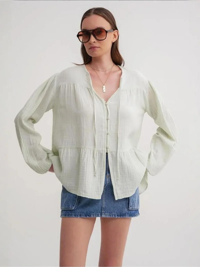 Mixray Pine Green Mixray Long Sleeve Relaxed Fit Blouse with Tie-Neck for Women | Best Price UAE