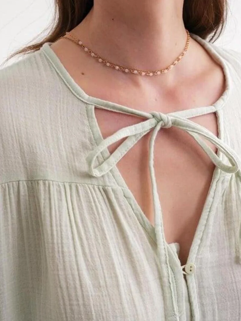 Mixray Pine Green Mixray Long Sleeve Relaxed Fit Blouse with Tie-Neck for Women | Best Price UAE