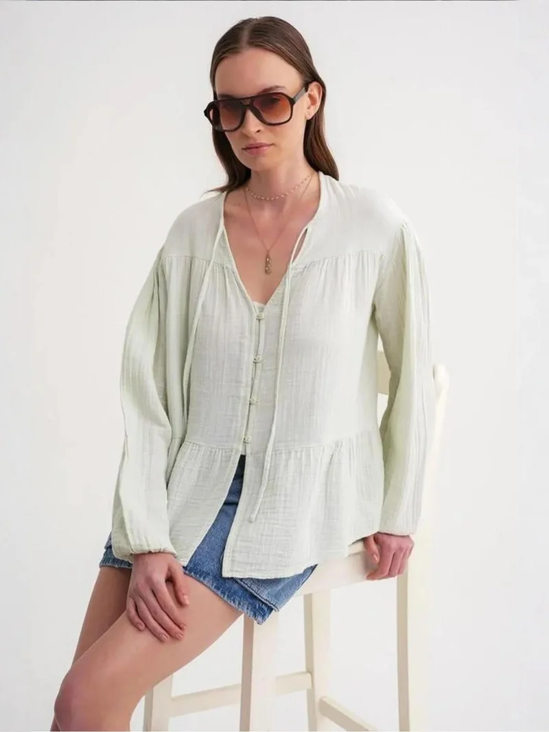 Mixray Pine Green Mixray Long Sleeve Relaxed Fit Blouse with Tie-Neck for Women | Best Price UAE