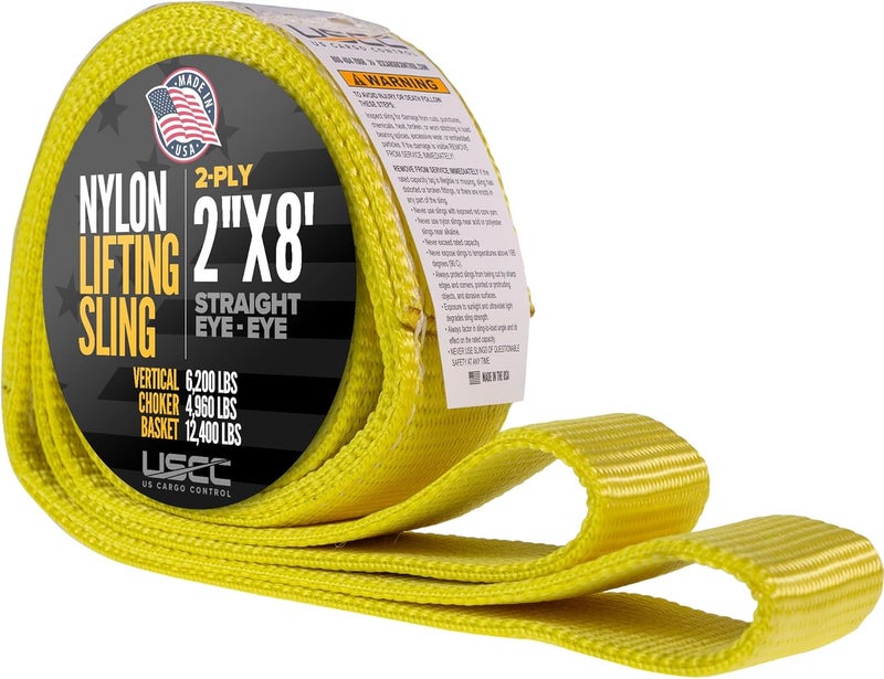 US Cargo Control Nylon Lifting Sling 2" x 8', 2-Ply Eye to Eye Slings (Made in USA) - 4,960 LBS Choker, 6,200 LBS Vertical, 12,400 LBS Basket Capacity - Lift Straps for Lifting & Rigging - Image 1