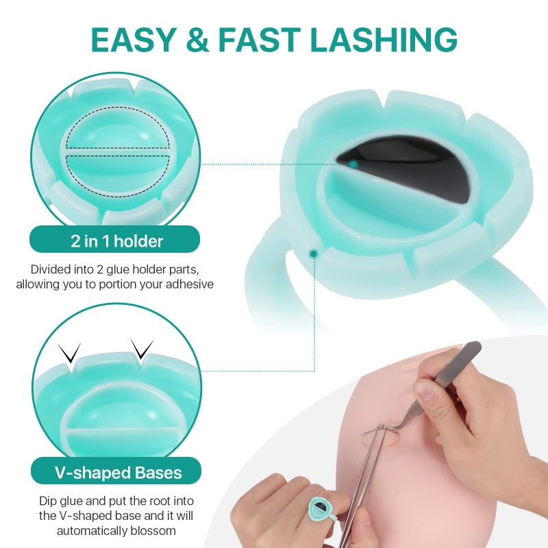 Pretty memory Glue Rings for Eyelash Extensions 100PCS Lash Glue Rings Eyelash Glue Holder Volume Lash Rings Blossom Fanning Cup for Eyelash Extension Supplies, Green - Image 3