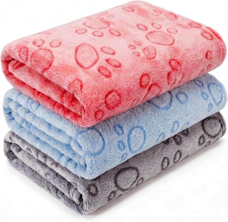 CADONO 1 Pack 3 Blankets Super Soft Fluffy Premium Fleece Pet Blanket Flannel Paw Printed Throw for Dog Puppy Cat (Small 23x16'', Blue, Red, Grey) - Image 1