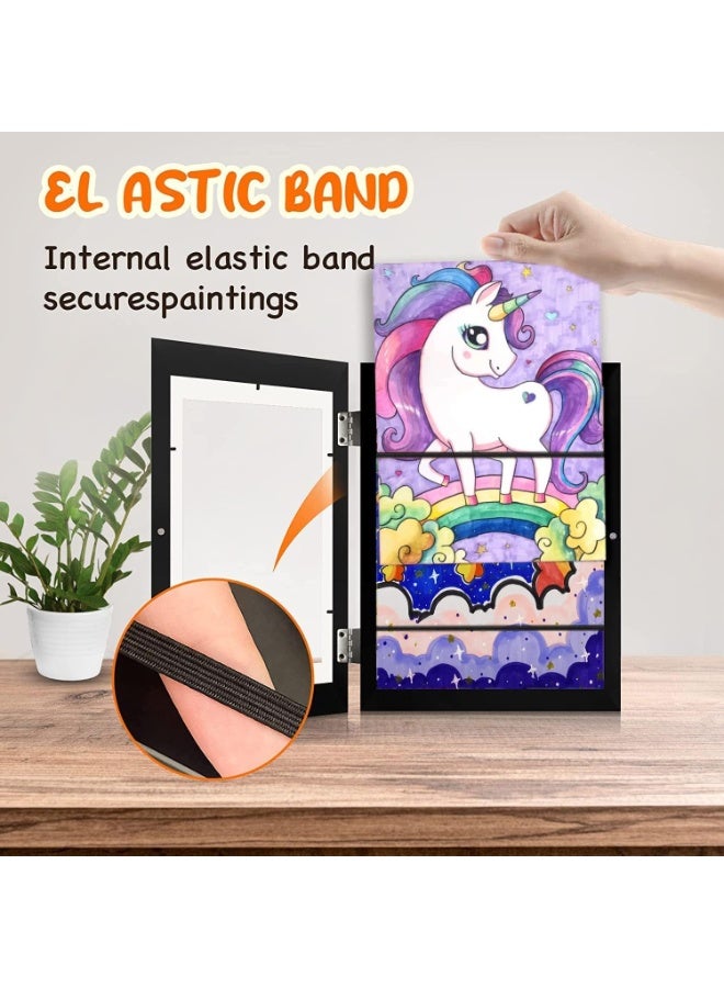 Kids Artwork Display Frame, A4 Size Front Opening Wooden Art Frame with Tempered Glass, Magnetic Door, Elastic Straps, Wall Mount for Children’s Paintings, Photos, Walnut - Image 3
