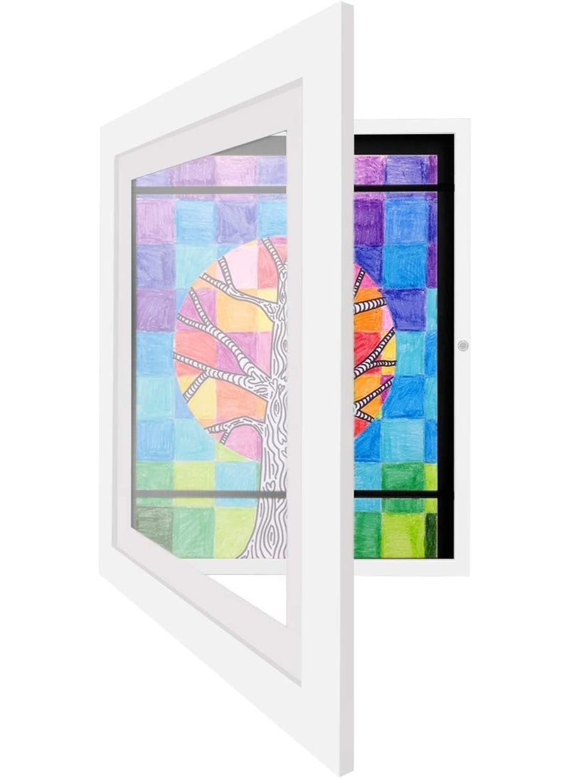 Kids Artwork Display Frame, A4 Size Front Opening Wooden Art Frame with Tempered Glass, Magnetic Door, Elastic Straps, Wall Mount for Children’s Paintings, Photos, Walnut - Image 1