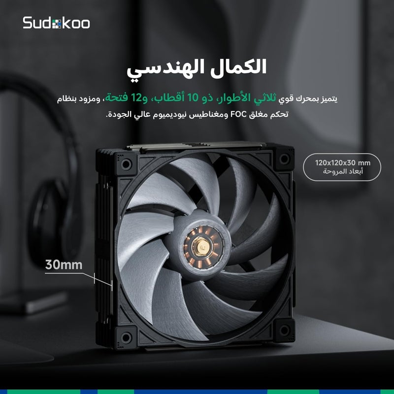 مروحة حالة الكمبيوتر Sudokoo MACH120، قطر 120 مم، تبريد هادئ بتقنية PWM، ارتفاع 30 مم، سرعة دوران تتراوح بين 500 و3000 دورة في الدقيقة، تتكون من مادة LCP و40% ألياف زجاجية، تحمل هيدروليكي هجين، محرك من نوع FOC، تصحيح لعدم التوازن الديناميكي، لون أسود ورمادي. - Image 3