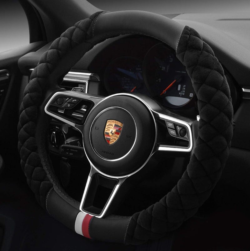 HAOKAY Luxury Fluffy Steering Wheel Cover for Men Women,Soft Warm Short Plush Steering Wheel Cover Black Fuzzy with Universal 14.5-15 Inch - Image 1