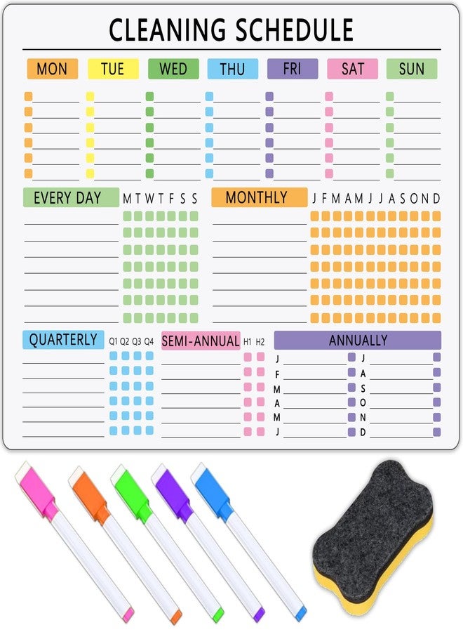 XUEJITECH Cleaning Schedules - Dry Erase Magnetic Calendar for Refrigerator Set with 5 Highlight Markers & 1 Eraser - Daily Weekly Monthly Calendar Planner, Cleaning Checklist, Chore Schedule - Image 1