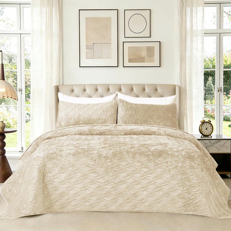LR Rocaloca Luxury Oversized King Quilt 120x120 Bedspreads Coverlet Bedding Set Velvet Comforter King Size 3 Pieces Set with 1 Quilted Beauty Bedspreads and 2 Pillow Shams 20x36,Beige - Image 1