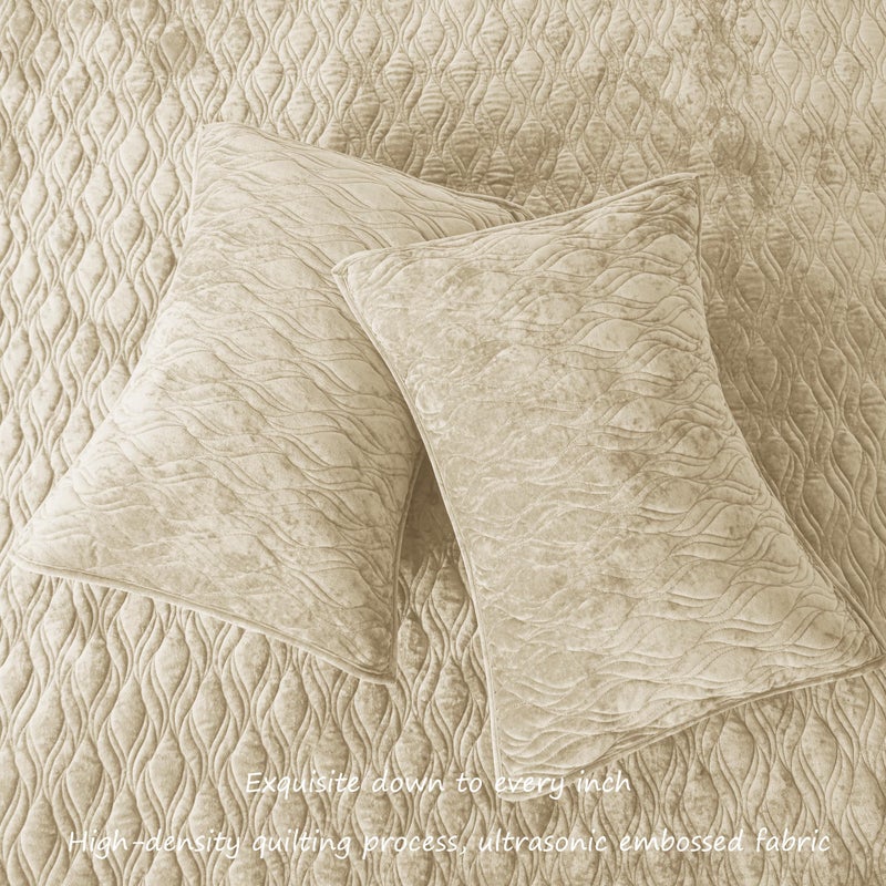 LR Rocaloca Luxury Oversized King Quilt 120x120 Bedspreads Coverlet Bedding Set Velvet Comforter King Size 3 Pieces Set with 1 Quilted Beauty Bedspreads and 2 Pillow Shams 20x36,Beige - Image 2