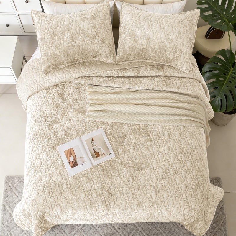 LR Rocaloca Luxury Oversized King Quilt 120x120 Bedspreads Coverlet Bedding Set Velvet Comforter King Size 3 Pieces Set with 1 Quilted Beauty Bedspreads and 2 Pillow Shams 20x36,Beige - Image 4