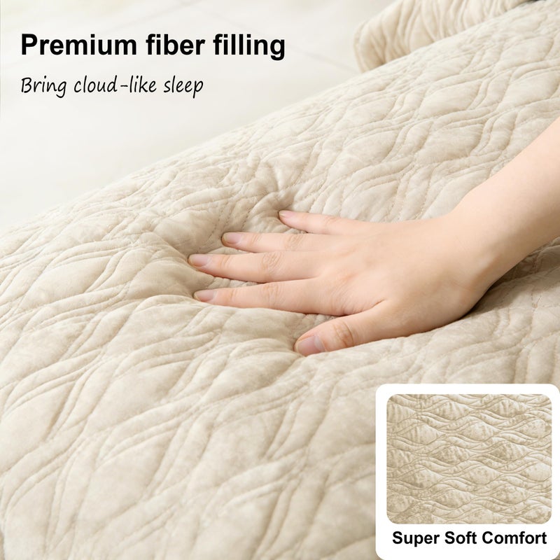 LR Rocaloca Luxury Oversized King Quilt 120x120 Bedspreads Coverlet Bedding Set Velvet Comforter King Size 3 Pieces Set with 1 Quilted Beauty Bedspreads and 2 Pillow Shams 20x36,Beige - Image 5