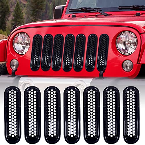 AggAuto Grille Inserts Compatible With Jeep Wrangler JK JKU 2007-2018, Glossy Black Car Front Mesh Grill Cover Accessories 7 Pcs - Image 1