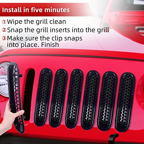 AggAuto Grille Inserts Compatible With Jeep Wrangler JK JKU 2007-2018, Glossy Black Car Front Mesh Grill Cover Accessories 7 Pcs - Image 5
