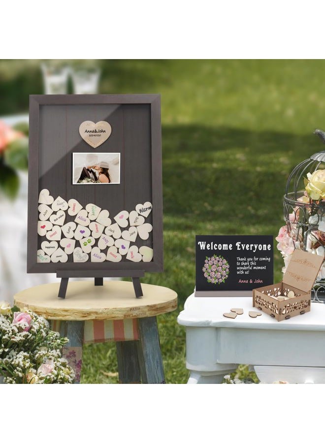 SELEAD Wedding Guest Book Alternative - Rustic Wooden Drop Top Picture Frame Sign with Small Chalkboard, 100psc Wooden Hearts, Exquisite Storage Box - Wedding Reception for Party Anniversary Birthday - Image 2