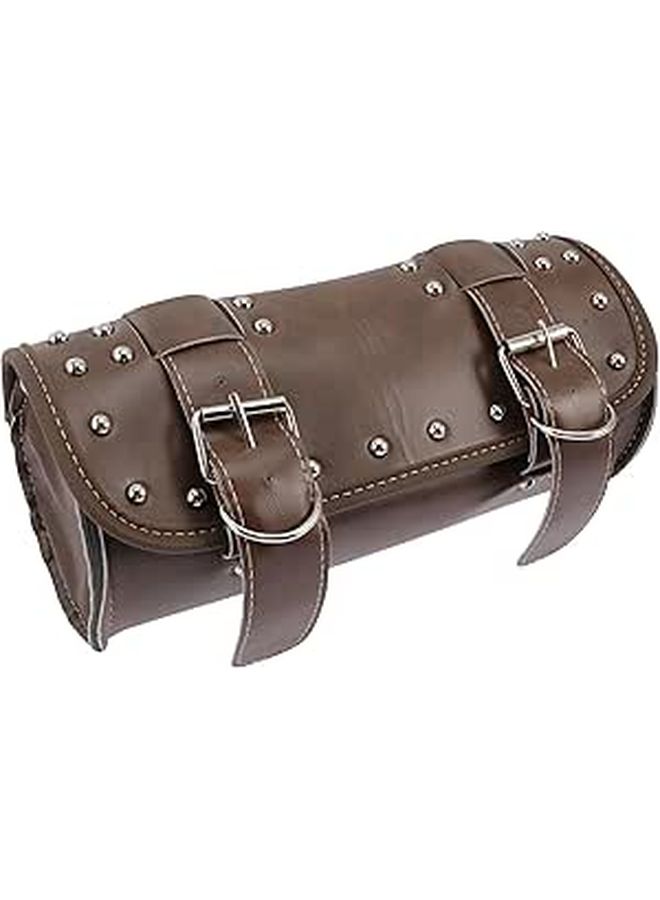Brown Leather Motorcycle Handlebar Bag Fork Tool Organizer Pouch With Studs For Storage Travel - Image 1