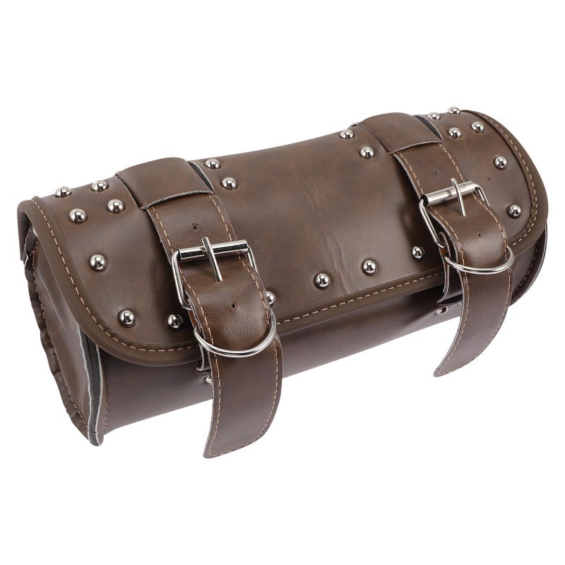 Brown Leather Motorcycle Handlebar Bag Fork Tool Organizer Pouch With Studs For Storage Travel - Image 2