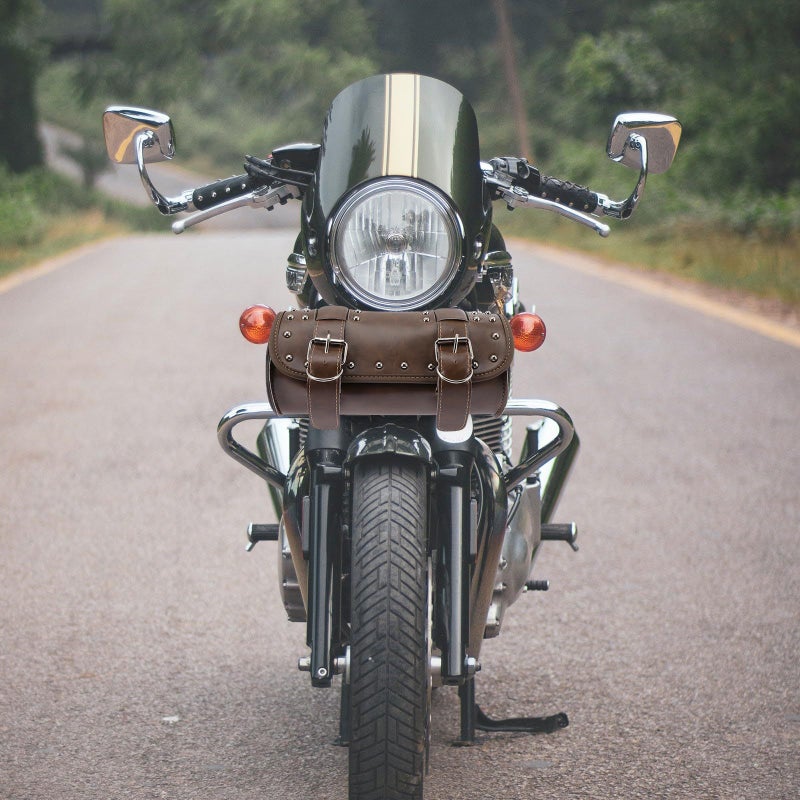 Brown Leather Motorcycle Handlebar Bag Fork Tool Organizer Pouch With Studs For Storage Travel - Image 5