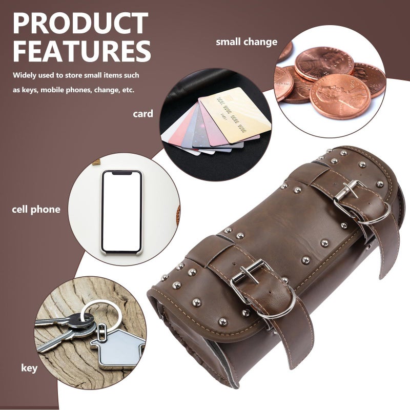 Brown Leather Motorcycle Handlebar Bag Fork Tool Organizer Pouch With Studs For Storage Travel - Image 4