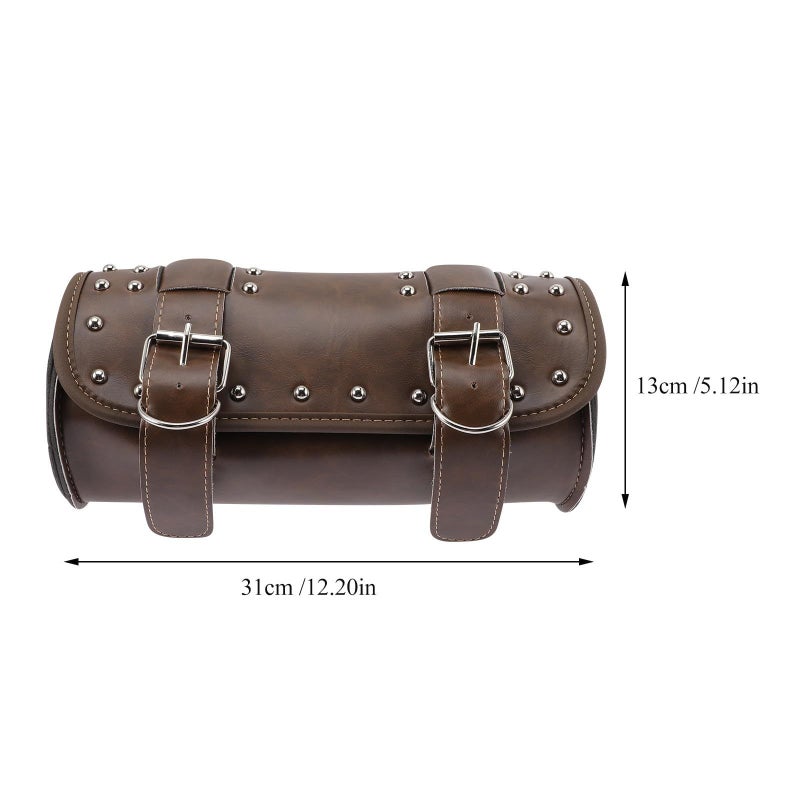 Brown Leather Motorcycle Handlebar Bag Fork Tool Organizer Pouch With Studs For Storage Travel - Image 3