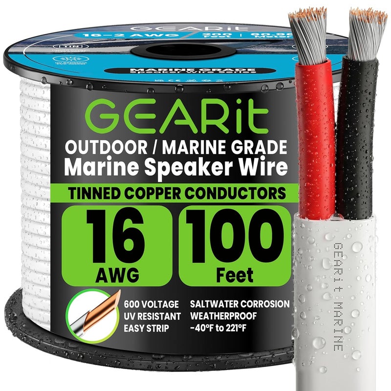 GearIT 16 AWG Marine Speaker Cable (30.48 Meters), Boat Tinned Copper Wire, 2 Conductor Duplex Wire, Electrical Grade, Oxygen Free OFC, 30.48 m - Image 1