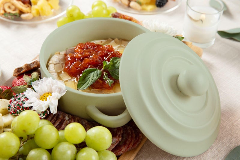 CYPRESS SUNRISE Stoneware Brie Cheese Baking Dish and Warmer with Lid  Oven Safe  Great for Charcuterie Board and Grazing Table Accessories  Perfect for Camembert Baked Brie Fondue Dip  Oven Safe Ceramic Crock
