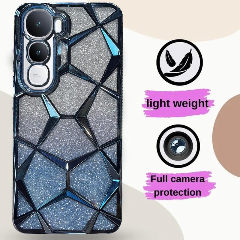 VONZEE Gradient Glitter Case for VIVO Y400, Luxury Electroplated 3D Cube, Diamond Bling Shiny Soft TPU Clear Shockproof Women Girls Protective Phone Cover (Sierra Blue) - Image 2