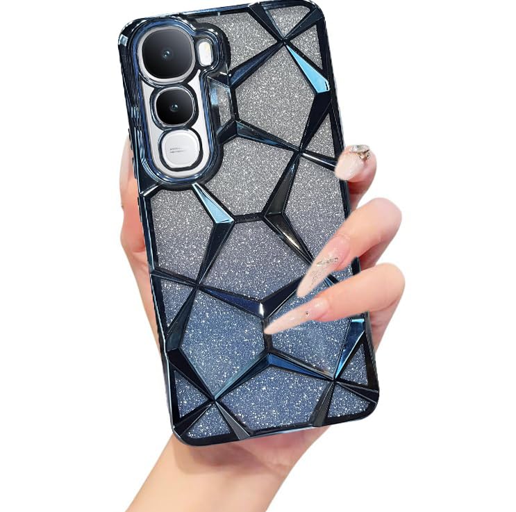 VONZEE Gradient Glitter Case for VIVO Y400, Luxury Electroplated 3D Cube, Diamond Bling Shiny Soft TPU Clear Shockproof Women Girls Protective Phone Cover (Sierra Blue) - Image 1