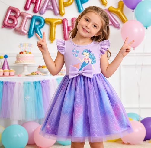 RETSUGO Tutu Dress for Girls Mermaid Clothes Ruffle Sleeve Tulle Princess Birthday Party Dresses Casual Mermaid Sundress Toddler Purple Outfit 18-24M 1802 - Image 2