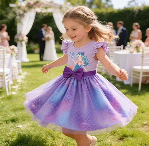 RETSUGO Tutu Dress for Girls Mermaid Clothes Ruffle Sleeve Tulle Princess Birthday Party Dresses Casual Mermaid Sundress Toddler Purple Outfit 18-24M 1802 - Image 3