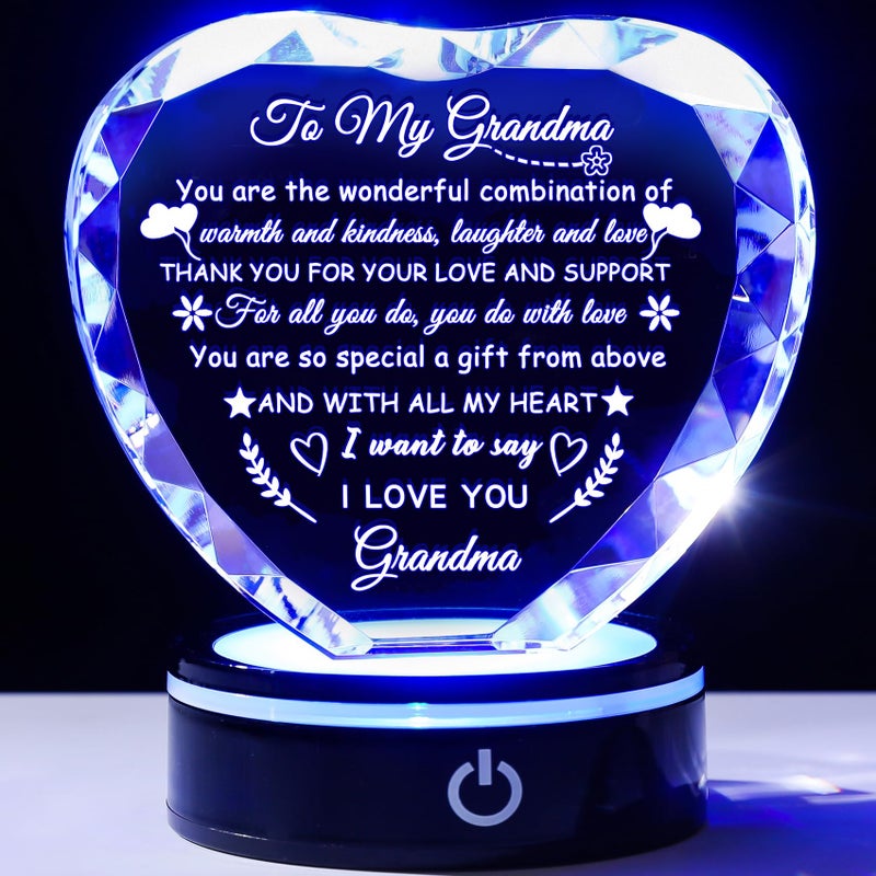 YWHL Gifts for Grandma with Colorful LED Base Meaningful Heart Crystal Grandma Birthday Gifts Great Gift Ideas for Grandmother on Mothers Day Valentine Thanksgiving from Granddaughter or Grandson