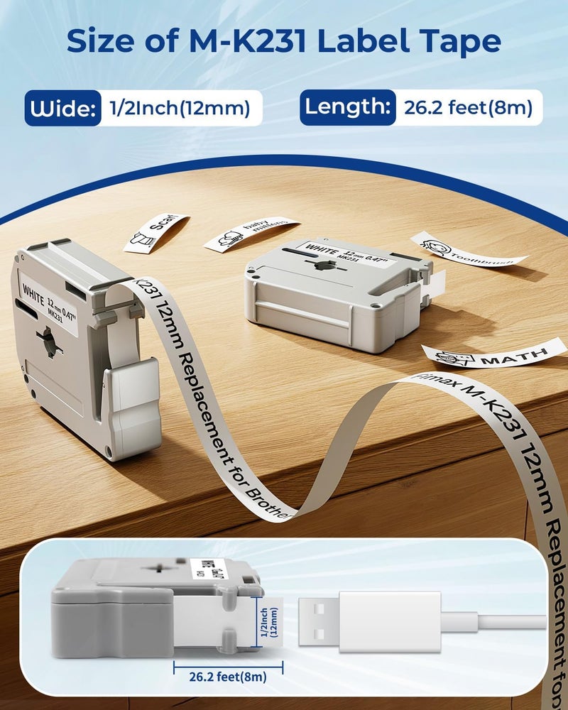 Fimax M-K231 12mm Replacement for Brother M Tape 0.47'' White M-K231s MK231 Label Tape Compatible with Brother Ptouch PTM95 PT-90 PT-70 PT-65 PT-60 PT-45 Label Maker (NOT for PTD210 PTD220, NO TZe TZ Tape) - Image 2