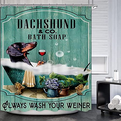Famiffty Dog Shower Curtain Funny Shower Curtains 60Wx72L Inch Dachshund Bath Soap Shower Curtain Fun Ocean Teal Green Bathtub Vintage Wood Waterproof Polyester Fabric 12 Plastic Hooks - Image 2