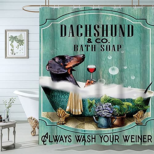 Famiffty Dog Shower Curtain Funny Shower Curtains 60Wx72L Inch Dachshund Bath Soap Shower Curtain Fun Ocean Teal Green Bathtub Vintage Wood Waterproof Polyester Fabric 12 Plastic Hooks - Image 1
