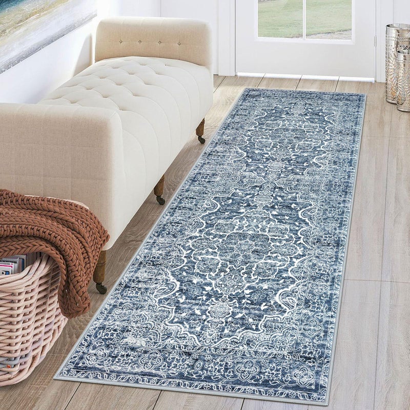 KUTA Vintage Washable Runner Rug, 2x6 Blue White Runners for Hallways Non-Slip Kitchen Rugs Ultra Soft Printed Distressed Floral Floor Carpet for Laundry Bedroom Living Room Nursery - Image 1