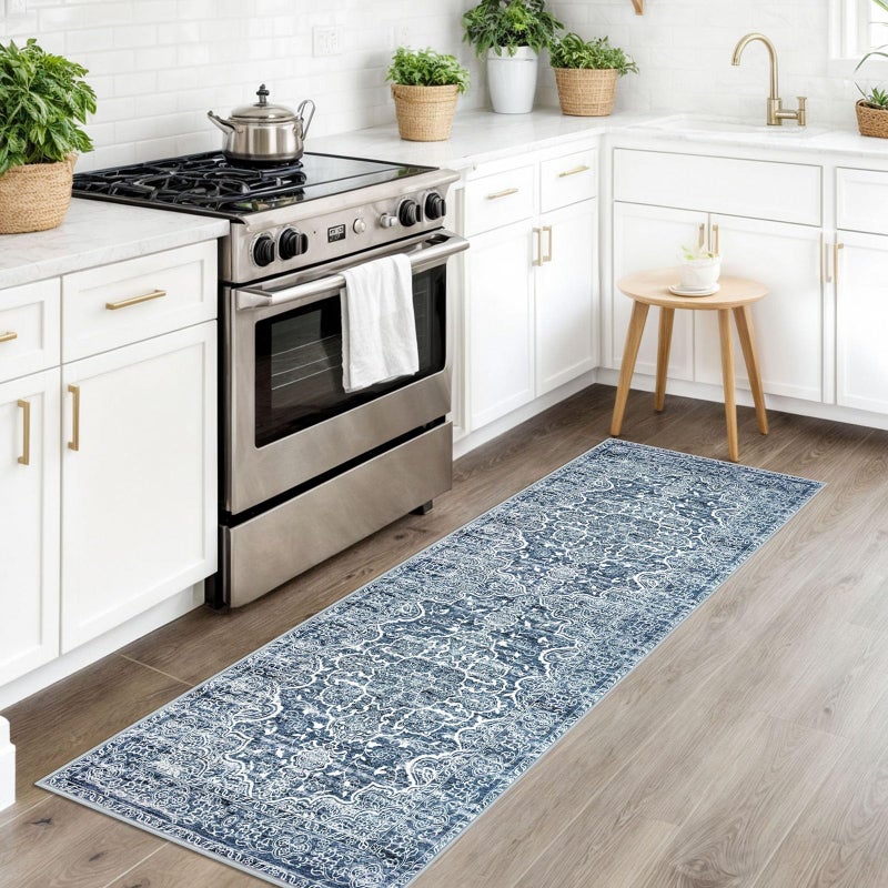 KUTA Vintage Washable Runner Rug, 2x6 Blue White Runners for Hallways Non-Slip Kitchen Rugs Ultra Soft Printed Distressed Floral Floor Carpet for Laundry Bedroom Living Room Nursery - Image 3