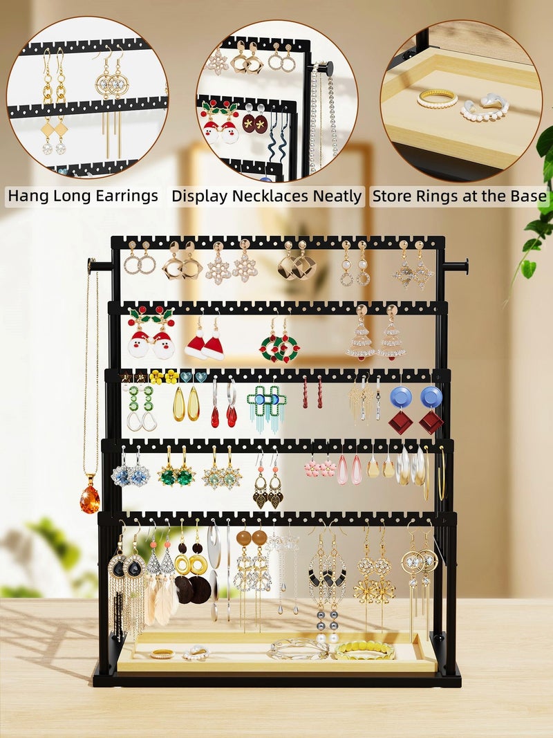 TIPSYTREE Earring Holder Organizer, 5-Tier Jewelry Display Stand with Matte Black Metal Frame and Wooden Tray, Large Earring Holder for Studs, Hoops, Dangles, Modern Jewelry Organizer for Women - Image 4