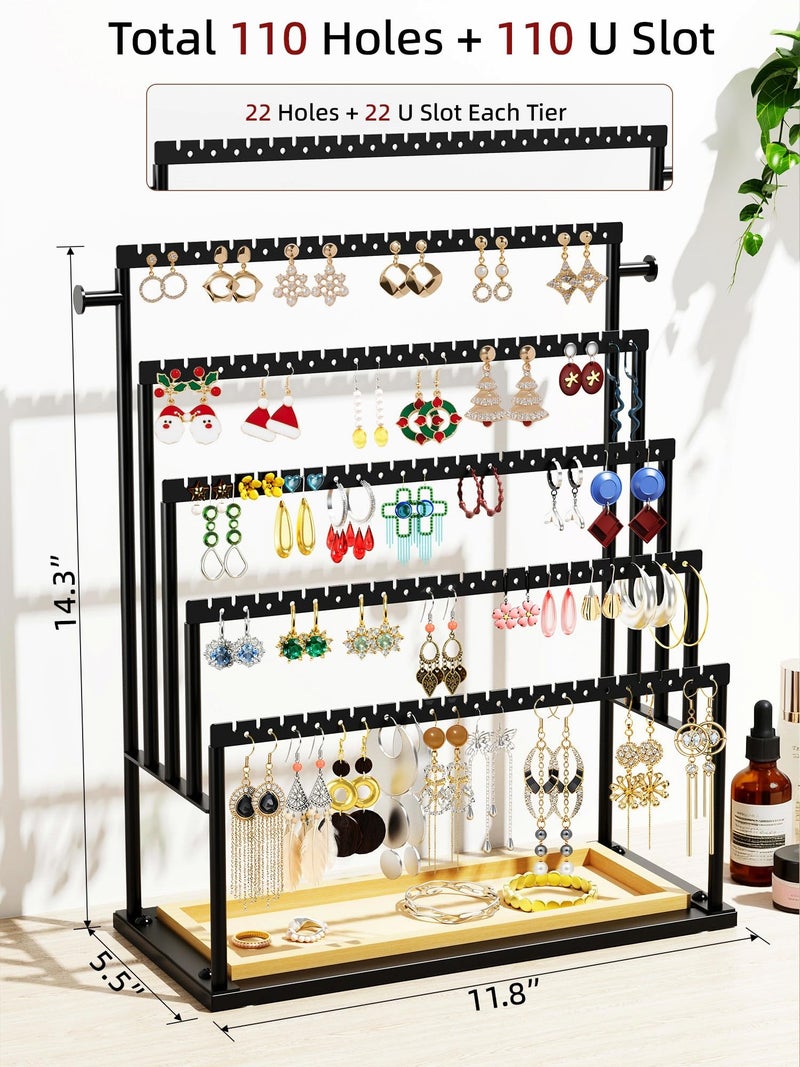 TIPSYTREE Earring Holder Organizer, 5-Tier Jewelry Display Stand with Matte Black Metal Frame and Wooden Tray, Large Earring Holder for Studs, Hoops, Dangles, Modern Jewelry Organizer for Women - Image 3