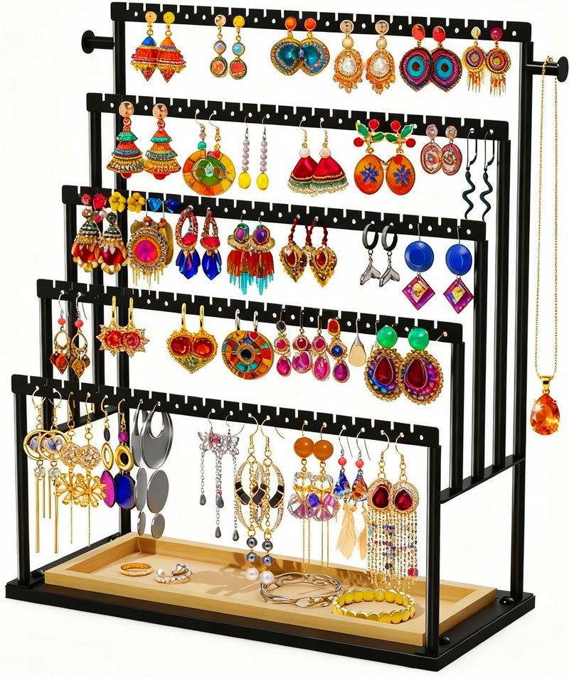 TIPSYTREE Earring Holder Organizer, 5-Tier Jewelry Display Stand with Matte Black Metal Frame and Wooden Tray, Large Earring Holder for Studs, Hoops, Dangles, Modern Jewelry Organizer for Women - Image 1