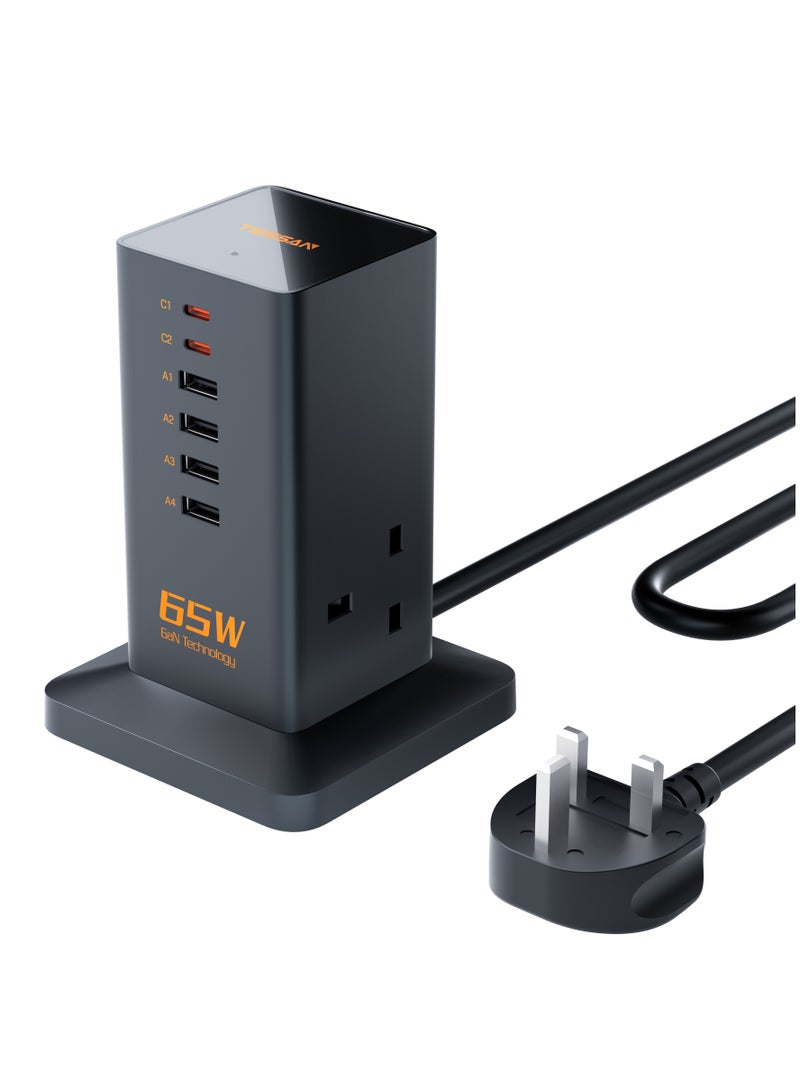 TESSAN USB Charging Station for Multiple Devices, PD 65W USB C Charger with 6 Ports and 2 AC Plugs, Charging Hub with 2m Cord, GaN Technology, Fast Charger for Smartphones, Laptops and Tablets TESSAN USB Charging Station Black - Image 1