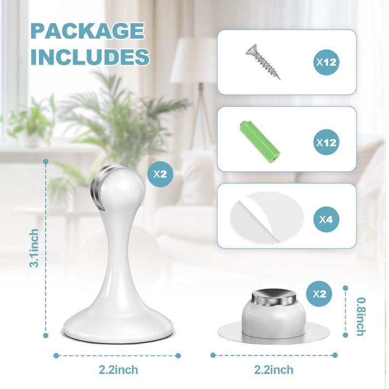 Profasion Magnetic Door Stoppers 2 Pack, Stainless Steel Door Stops for Wall and Floor Mounting, Door Holder Keep Door Open, No Drilling Door Stop with 3D Adhesive Tapes, White - Image 5